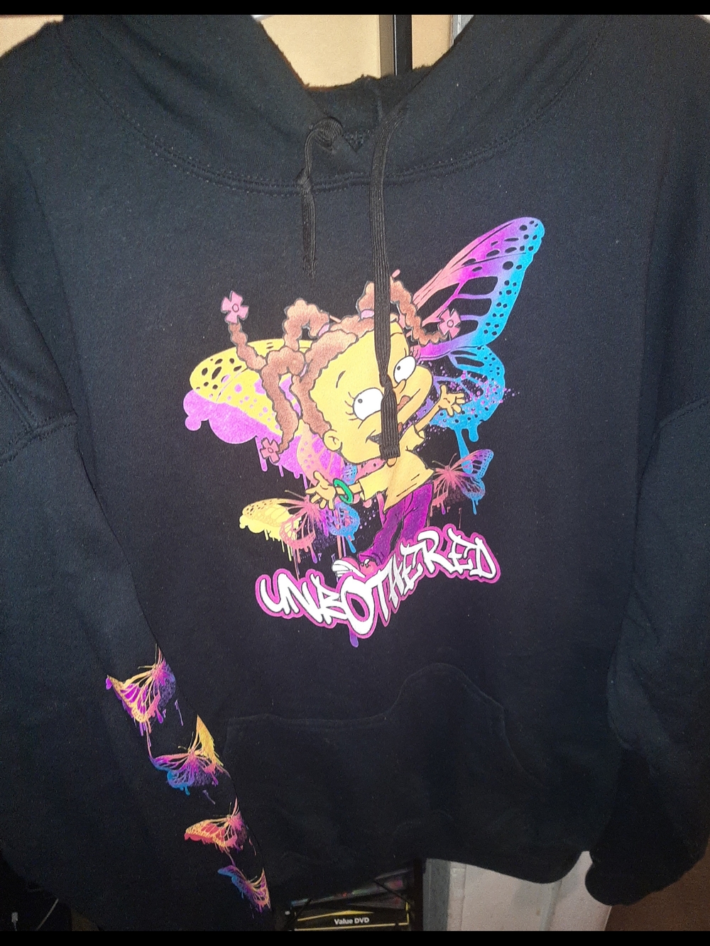 Black Graphic Hoodie with Colorful Butterfly Design